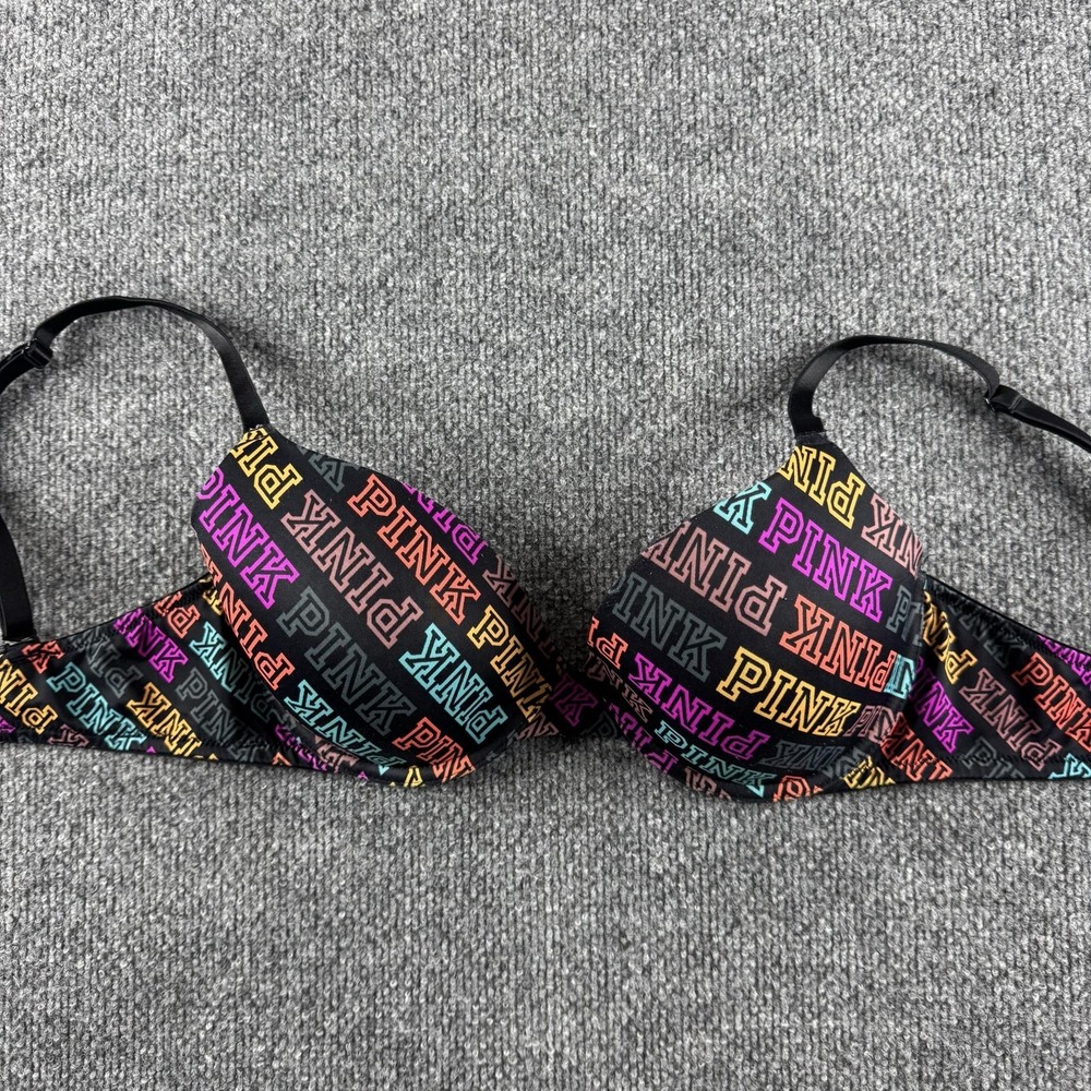 PINK T-Shirt Bra Womens 34D Black Multicolor Logo Lightly Lined Padded Underwire